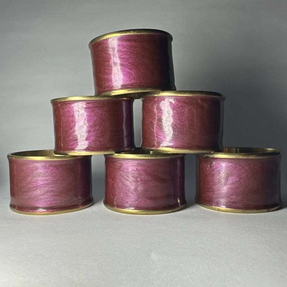 Set of 6 Vintage Purple Enameled Cloisonne Brass Napkin Rings 1980s Maximalist